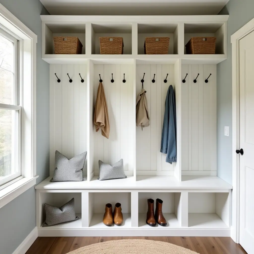 a photo of a functional mudroom with hooks and cubbies