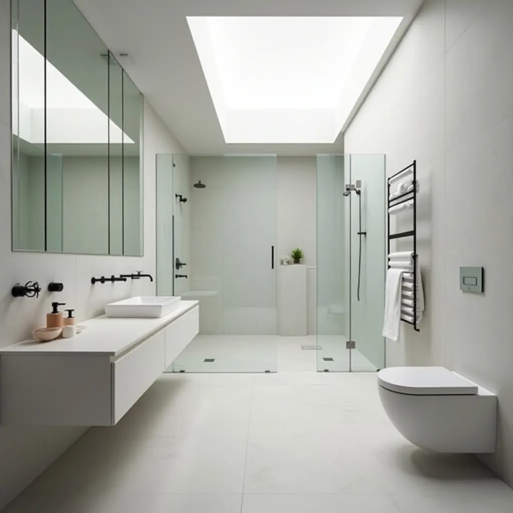 a photo of a contemporary bathroom with a large skylight and simple design