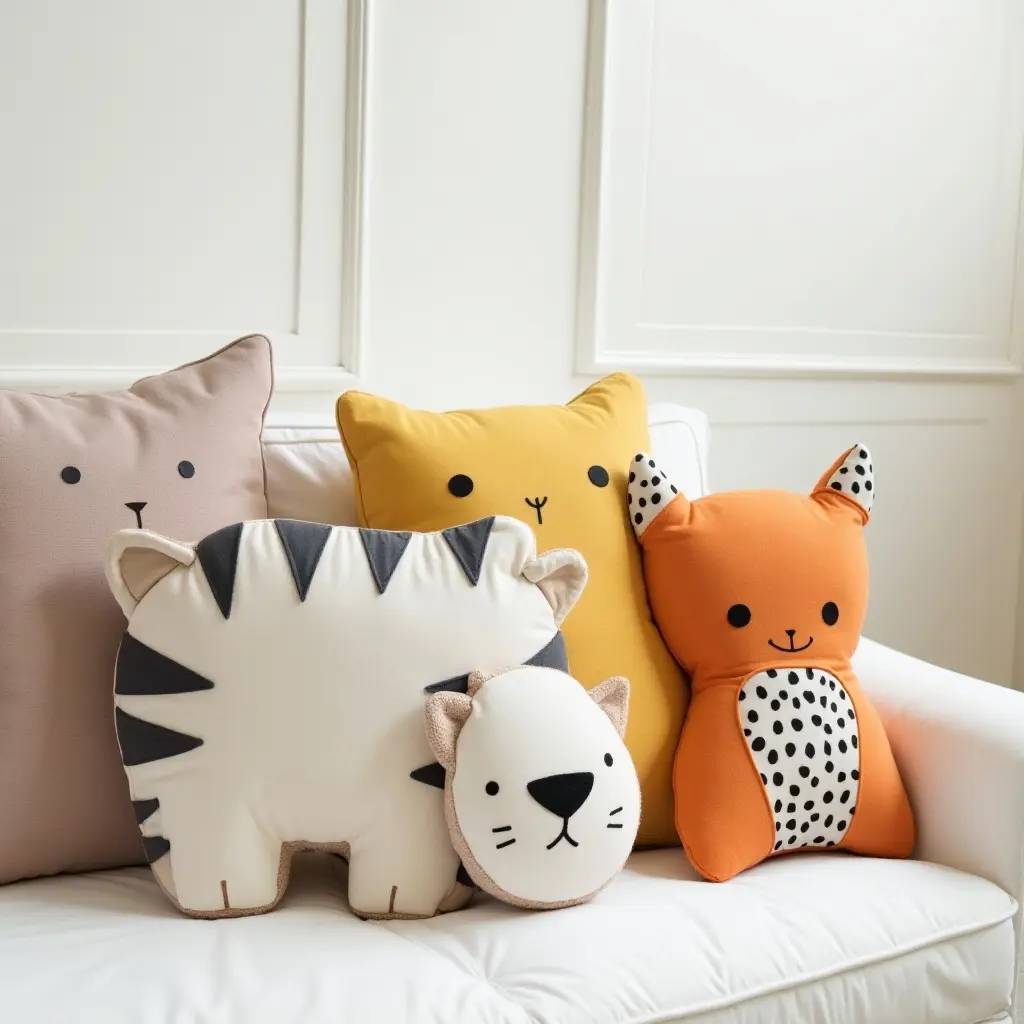 a photo of whimsical animal-shaped pillows in a kids' room
