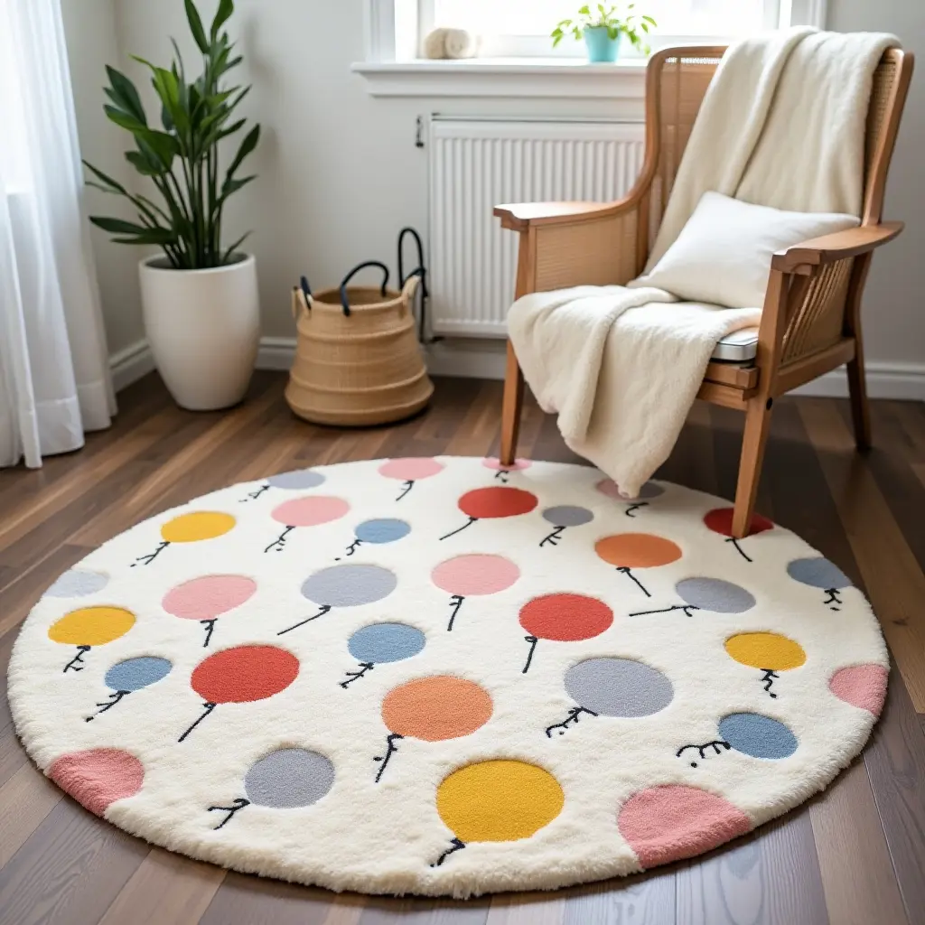 a photo of a colorful balloon-themed rug with various sizes for a nursery
