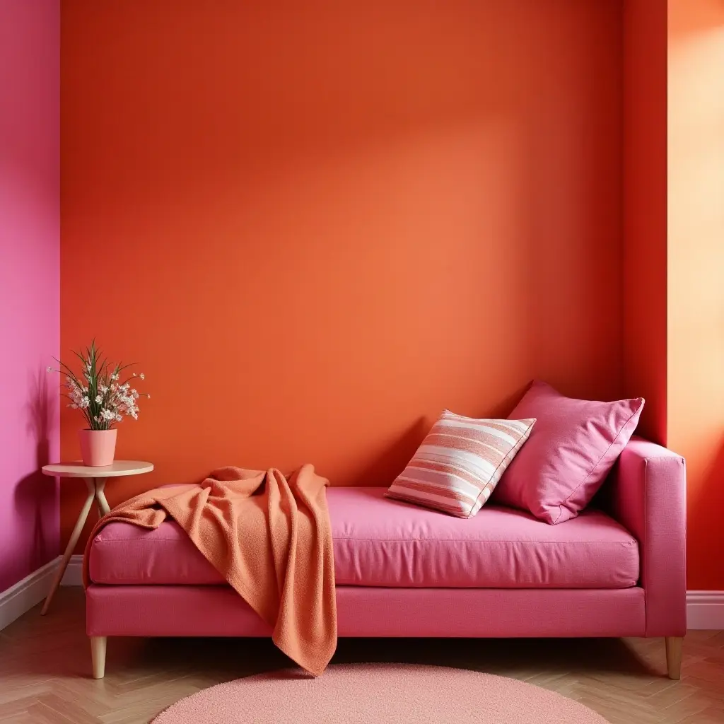 a photo of a vibrant magenta and orange color palette for a teen's room