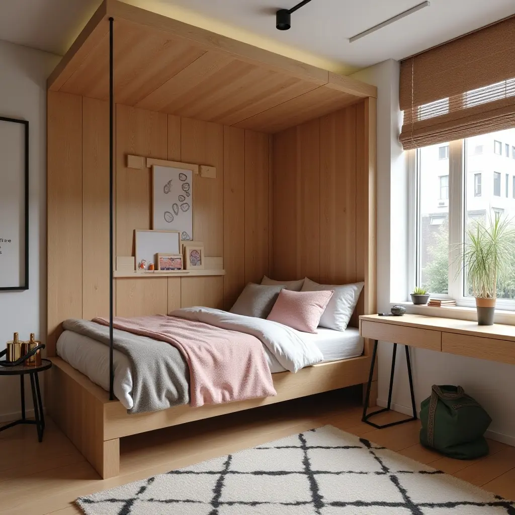 a photo of a playful teen bedroom design using fabric, wood, and metal creatively
