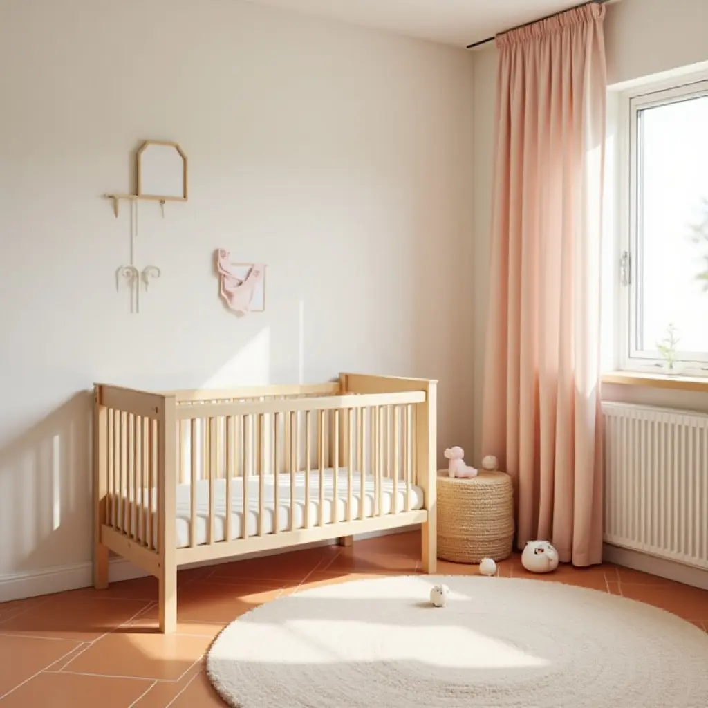 a photo of a nursery with terracotta tile flooring and soft pastel walls