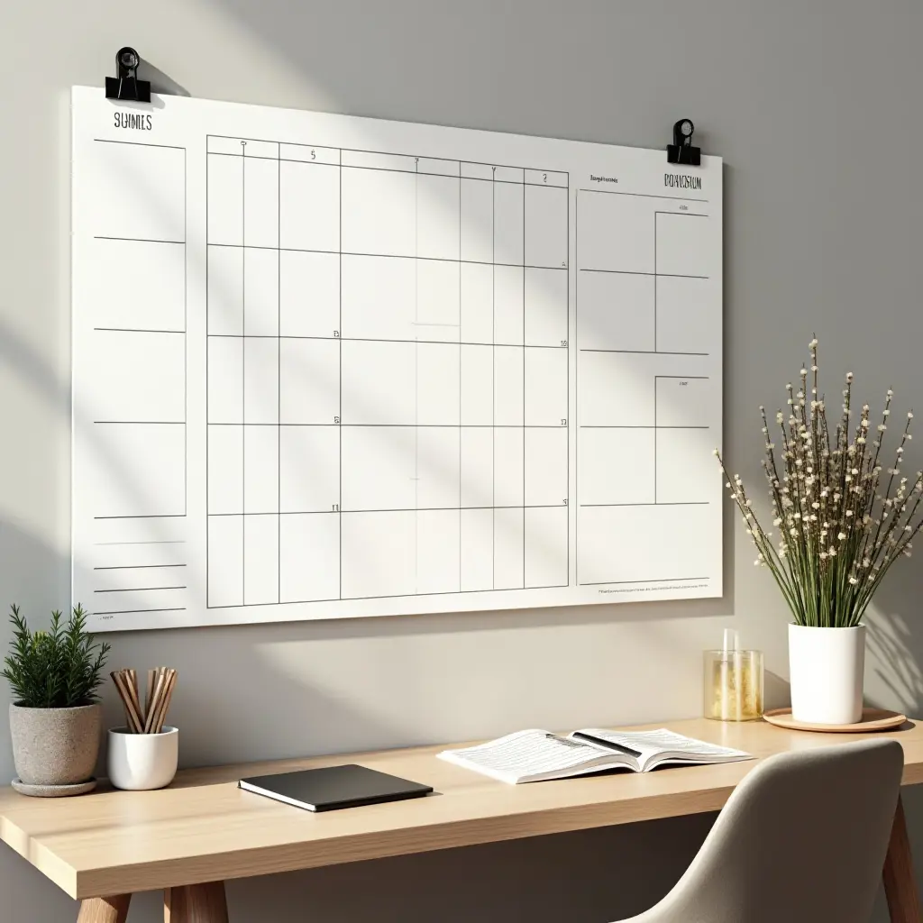 a photo of a study area with a large calendar and planner