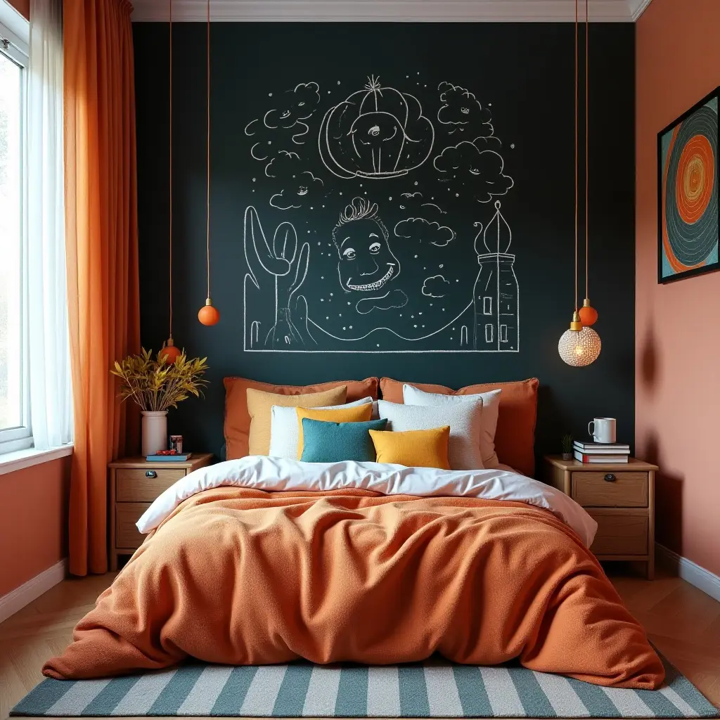 a photo of a vibrant bedroom with a chalkboard wall for creativity