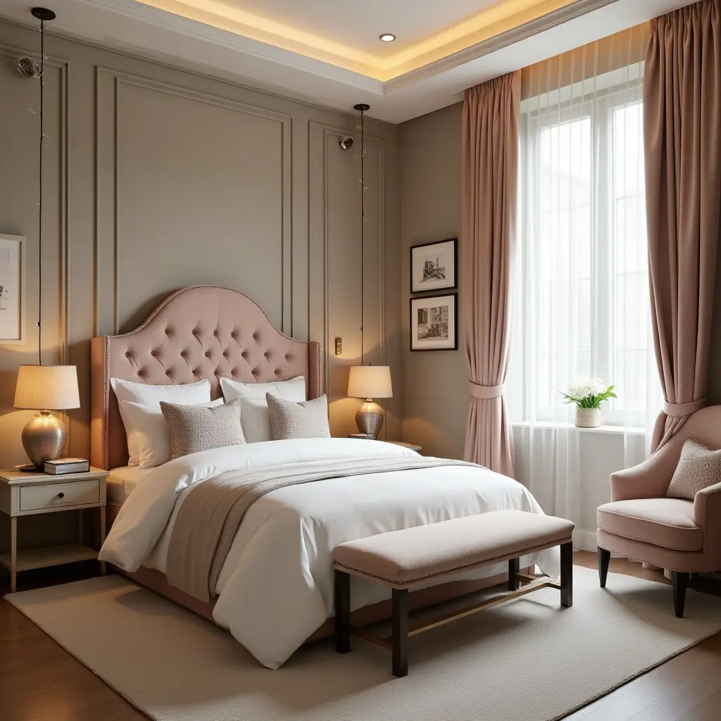 a photo of a luxurious kids' bedroom with elegant bedding and stylish curtains