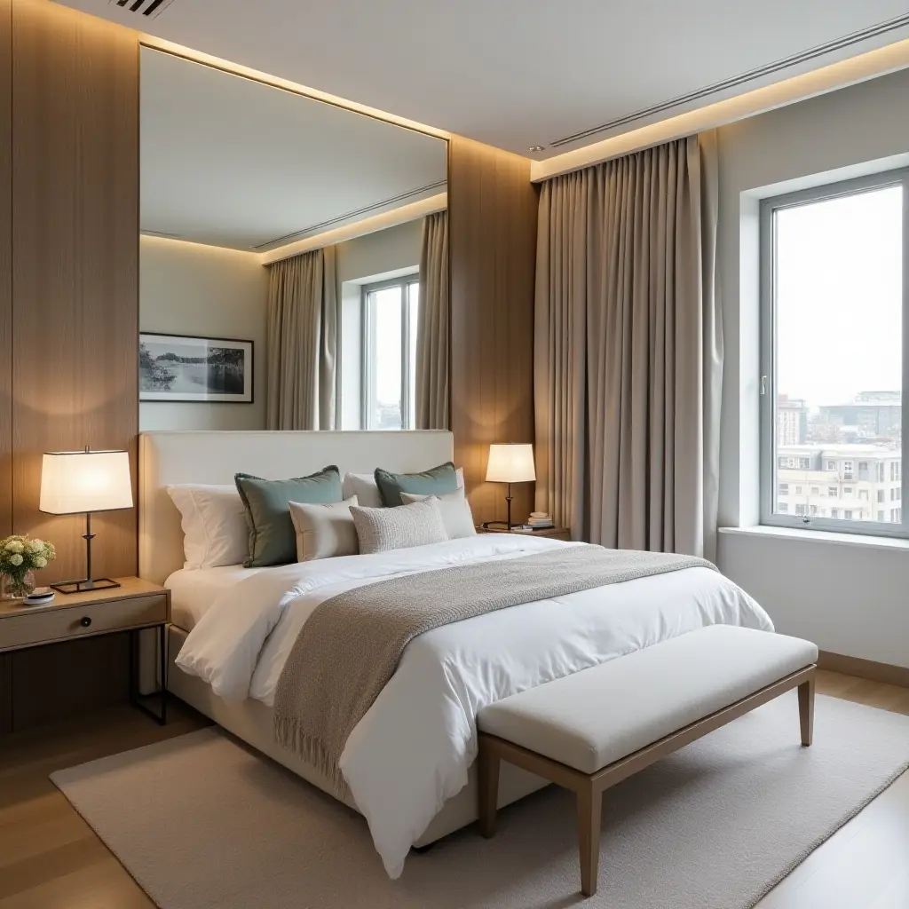 a photo of a small bedroom with a mirrored accent wall
