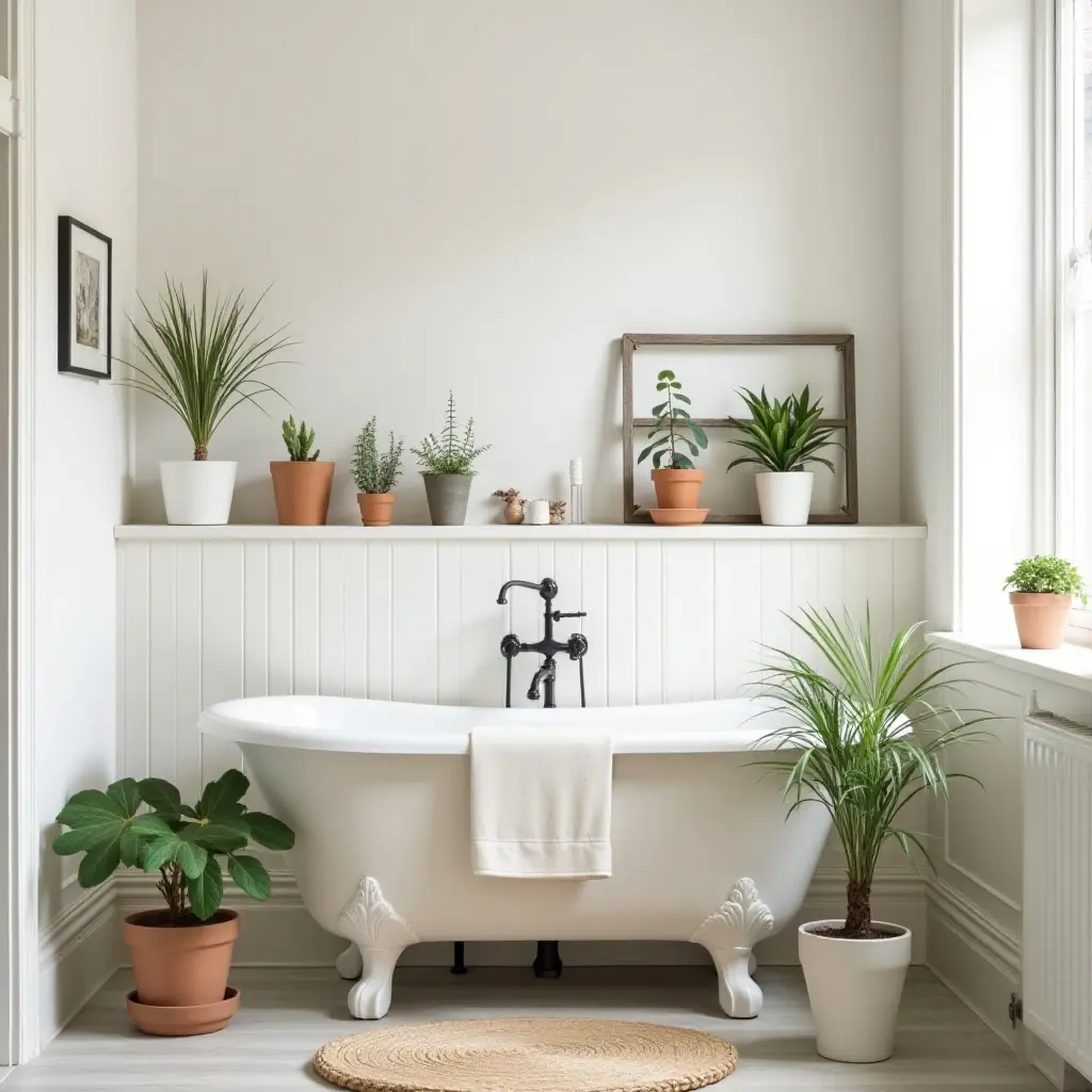 a photo of a playful bathroom with quirky plant pots and decor
