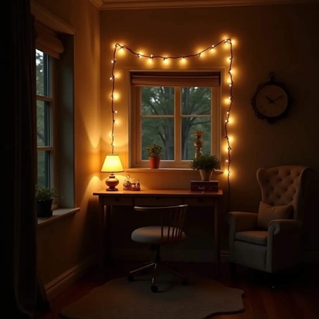 a photo of a cozy nook with a small desk and fairy lights