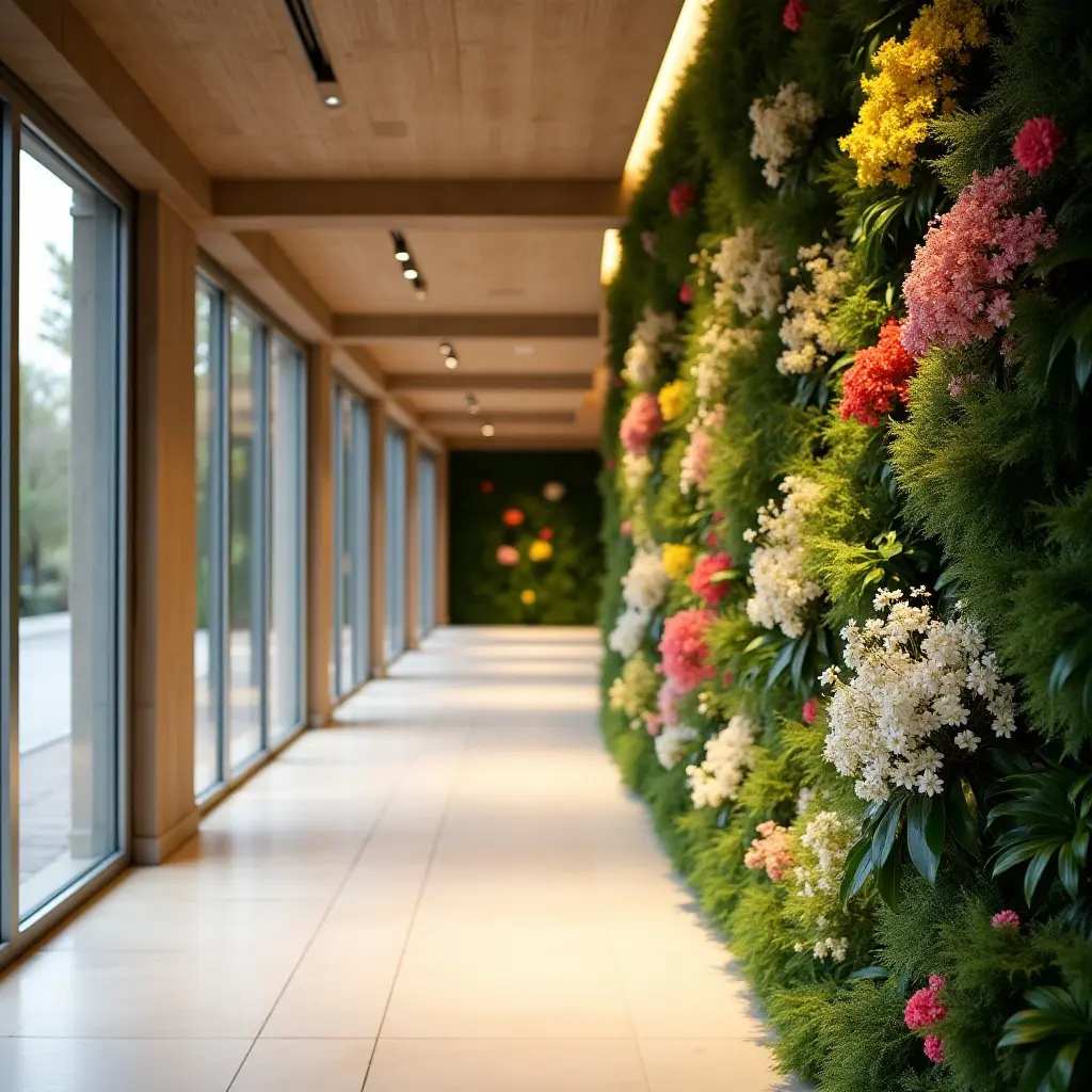 a photo of a corridor with a seasonal flower garden wall display