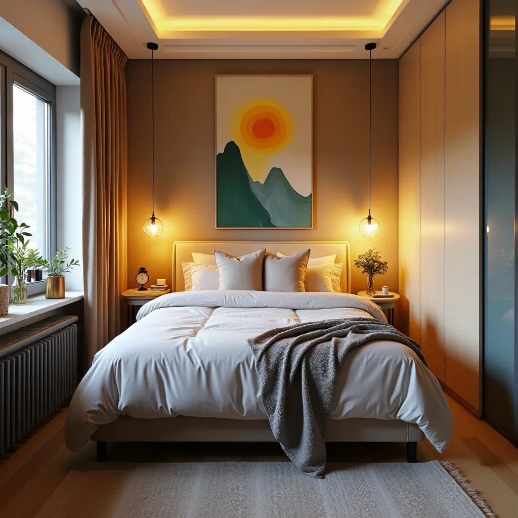 a photo of a shared bedroom with a creative mural and adjustable lighting
