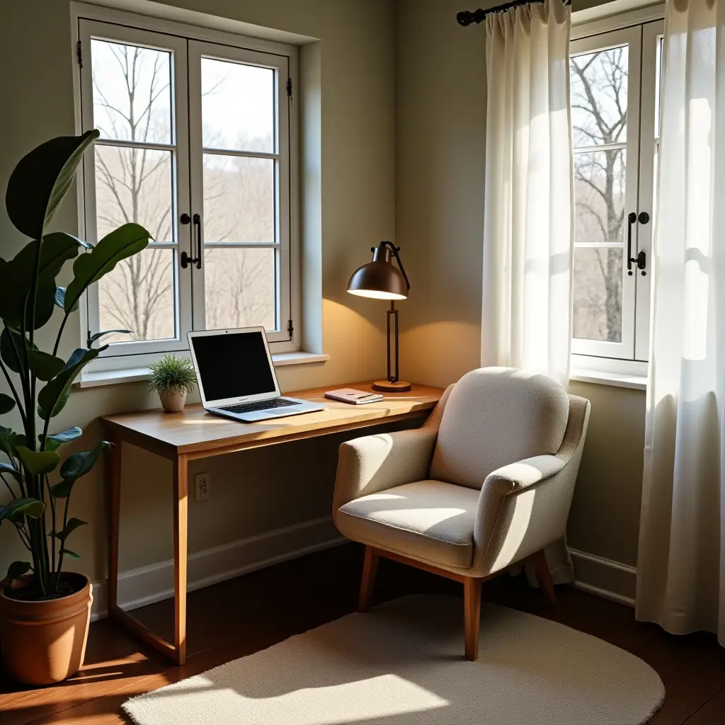 a photo of a cozy study nook with a desk and comfy chair