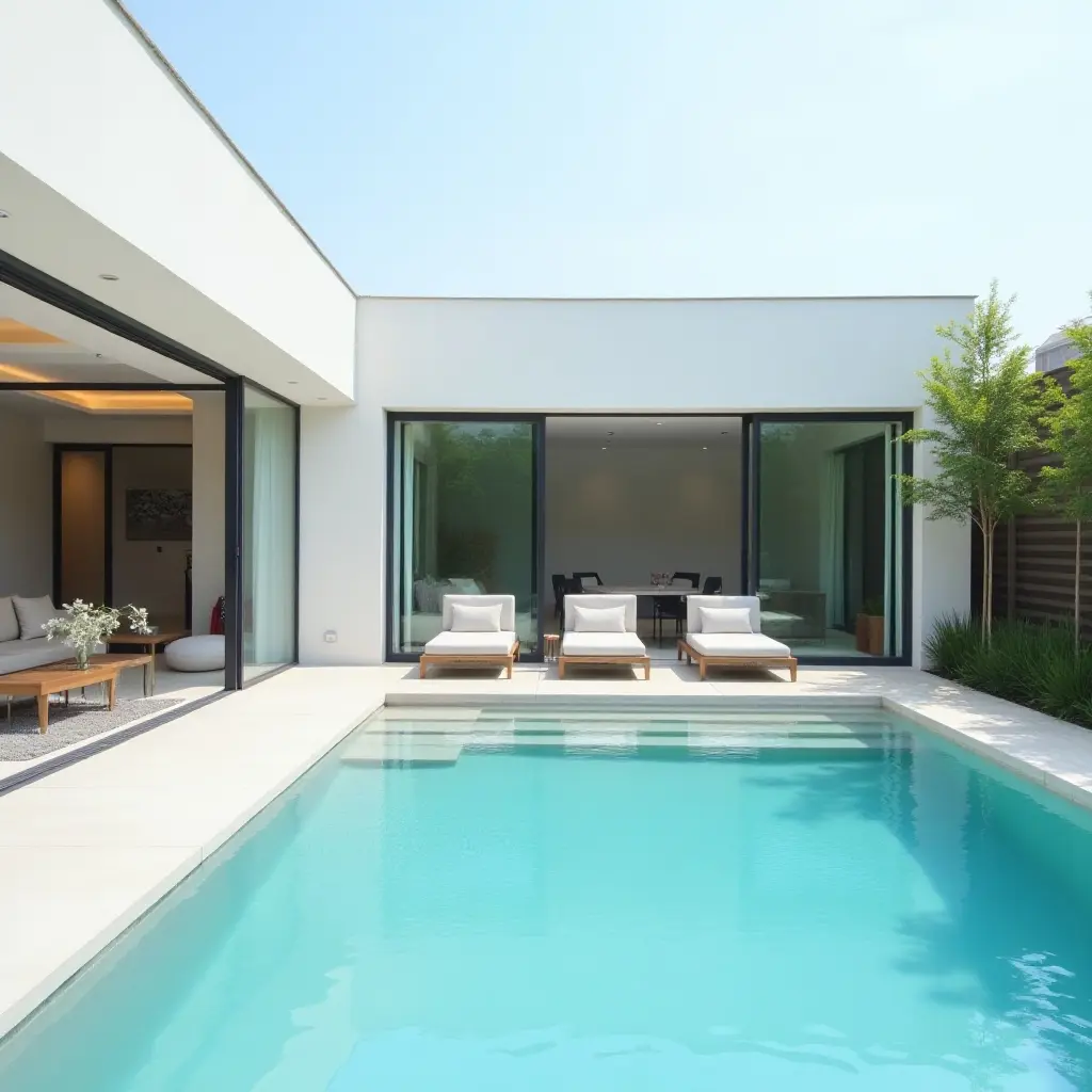 a photo of a minimalist pool deck with sleek furniture arrangements