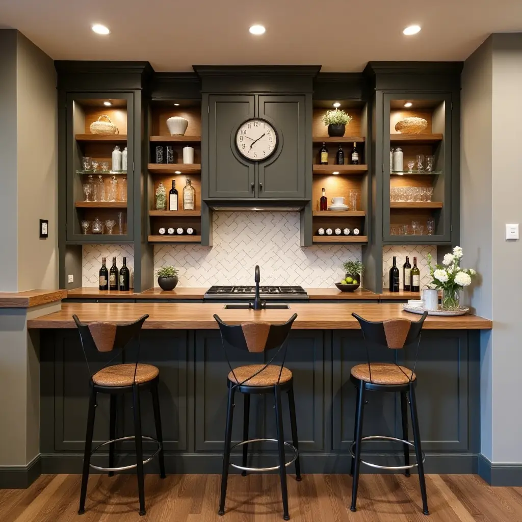 a photo of a farmhouse-inspired basement bar with wooden shelves and vintage decor
