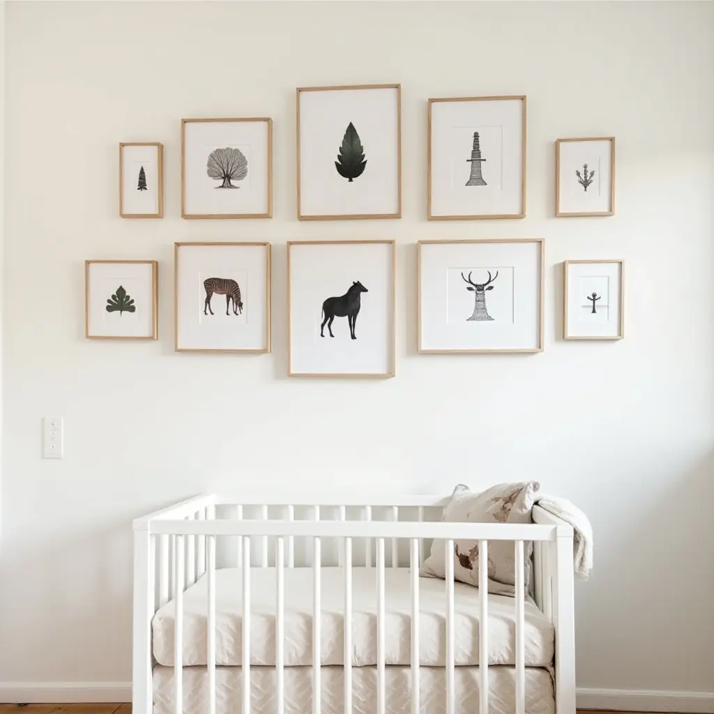 a photo of a nursery gallery wall showcasing cultural art pieces