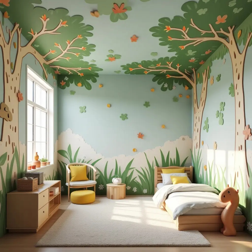 a photo of a kids' room with a nature-inspired ceiling