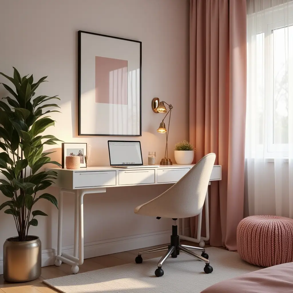 a photo of a glamorous workspace in a teen's room with chic accessories and decor