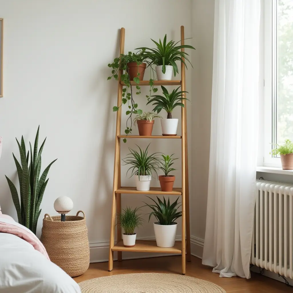 a photo of a wooden ladder shelf displaying plants in a teen's bedroom