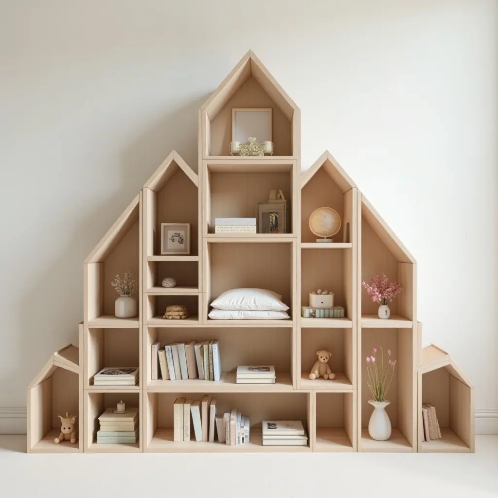 a photo of a multi-level bookshelf resembling a mountain for kids' room