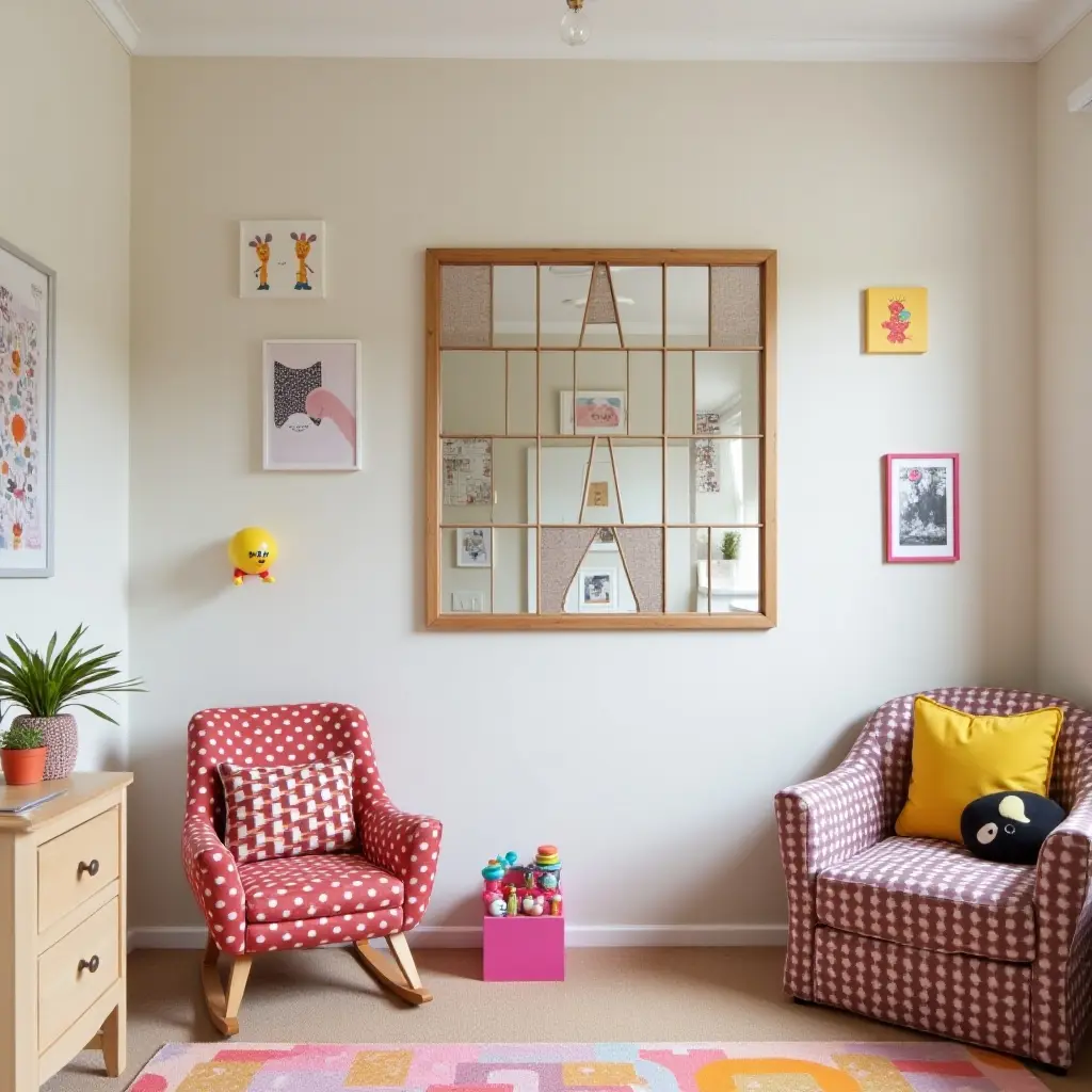 a photo of a vibrant kids' room with a mirror gallery wall and playful accessories