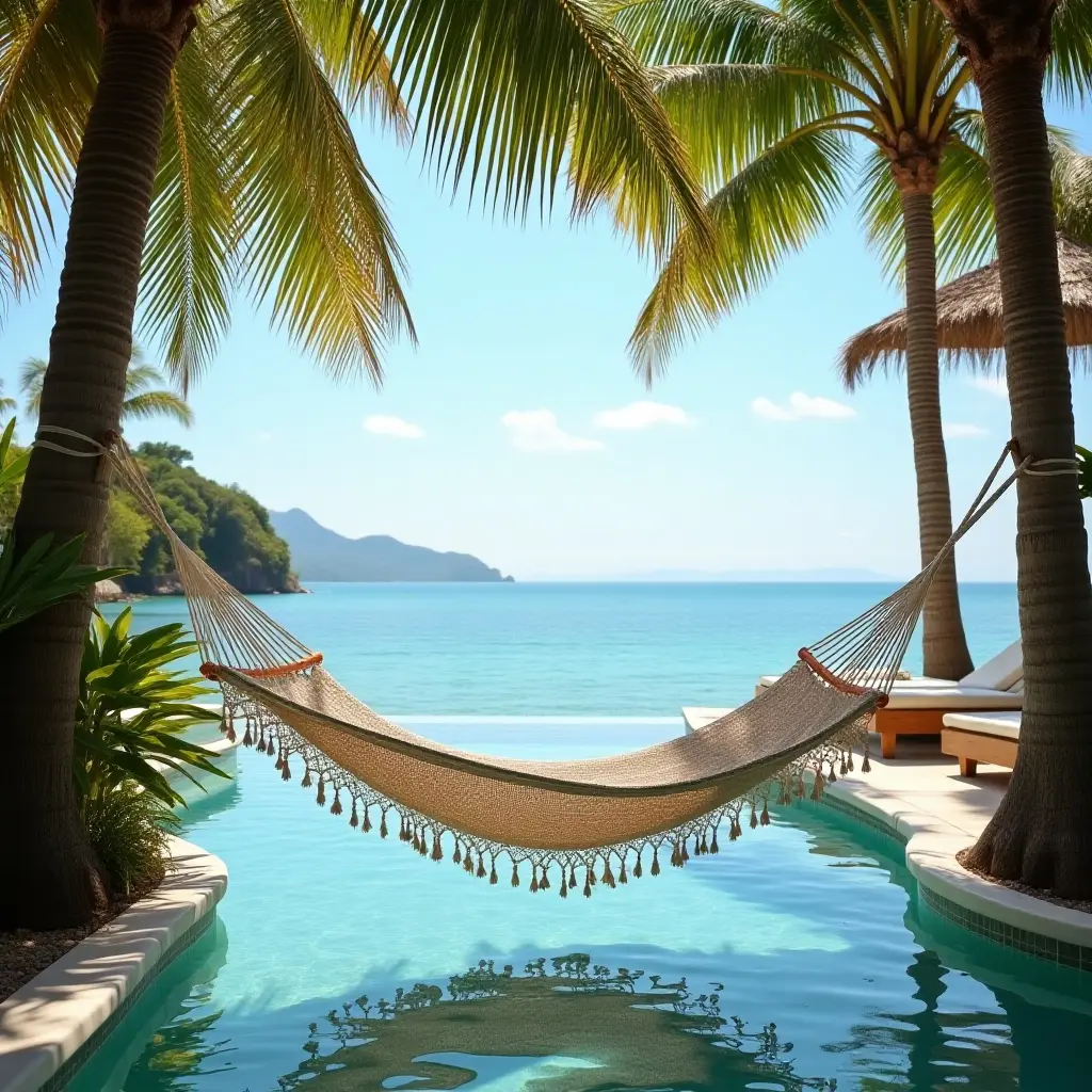 a photo of a chic hammock strung between palm trees near the pool