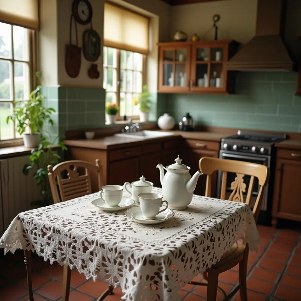 a photo of a cozy kitchen with a vintage tea set on a lace tablecloth