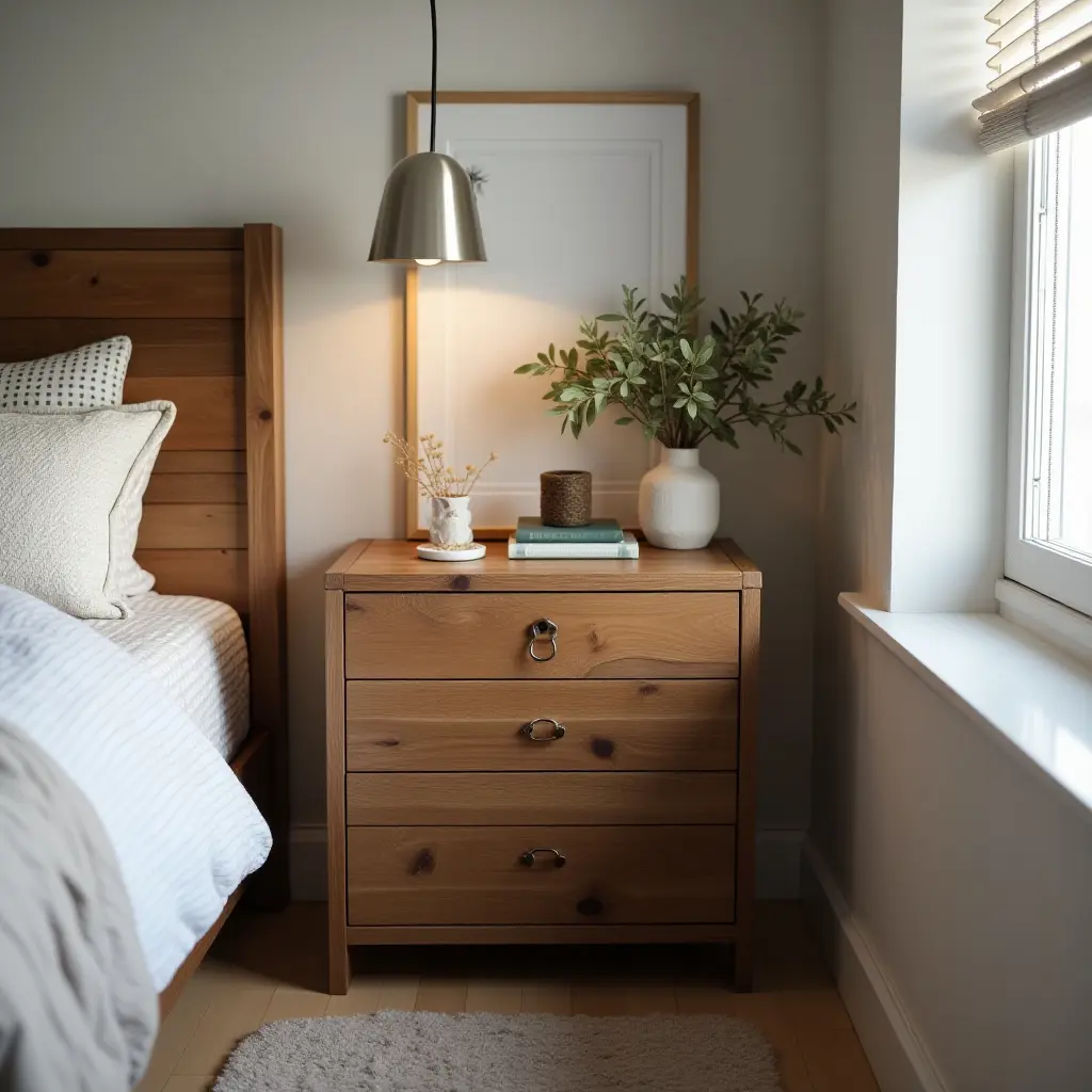 a photo of a rustic wooden nightstand beside a bed in a teen's bedroom