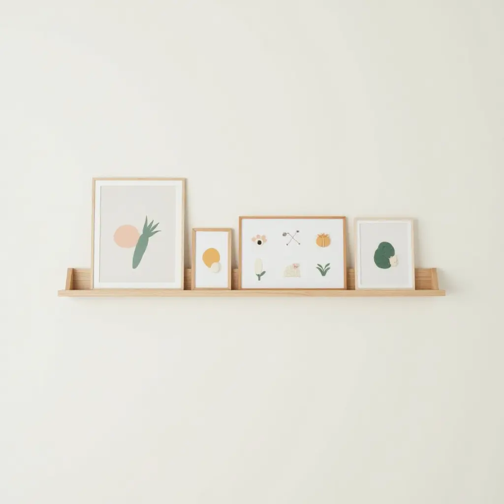 a photo of a wooden picture rail displaying nursery art