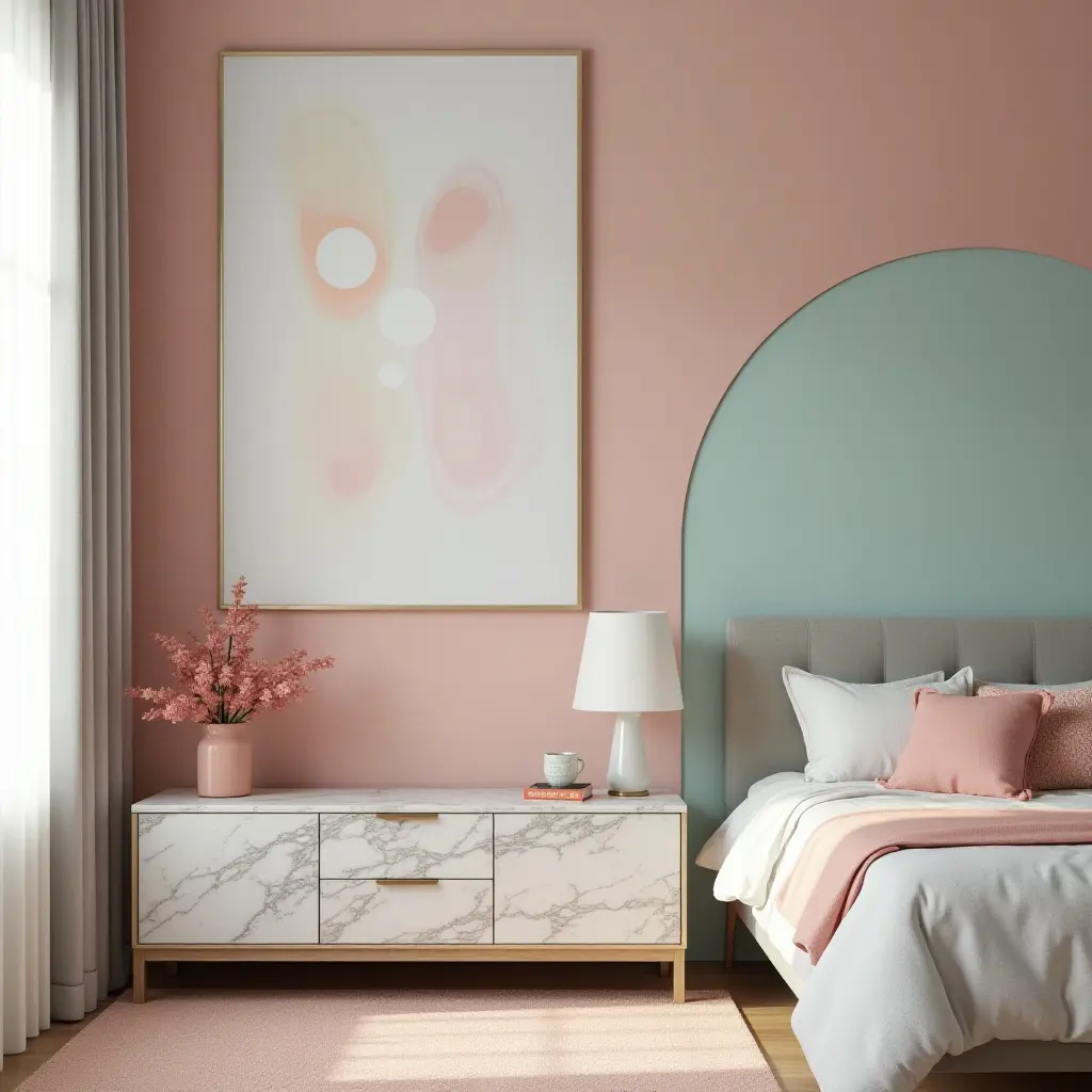 a photo of a chic kids' room with marble furniture and colorful accents