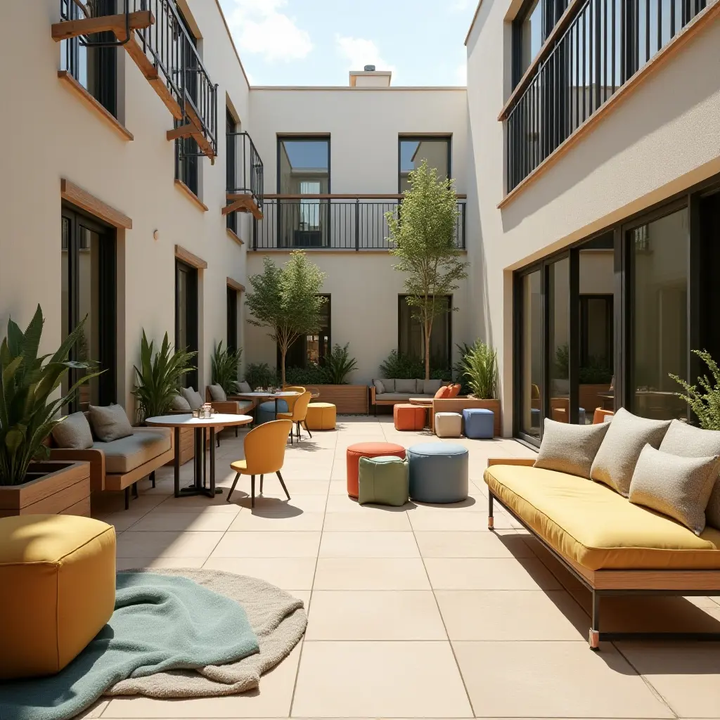 a photo of a family-friendly balcony with playful seating and games