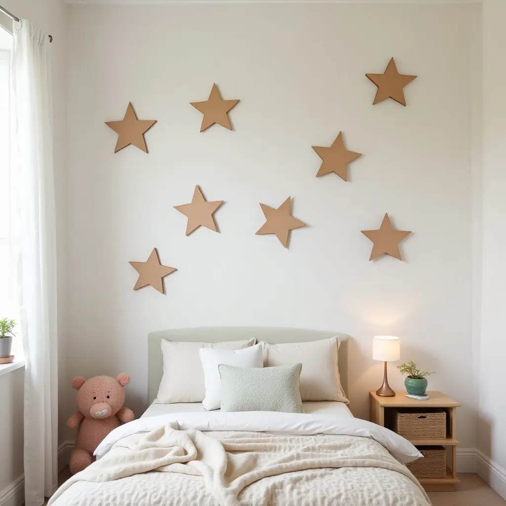 a photo of a whimsical kids' bedroom featuring wooden star decorations