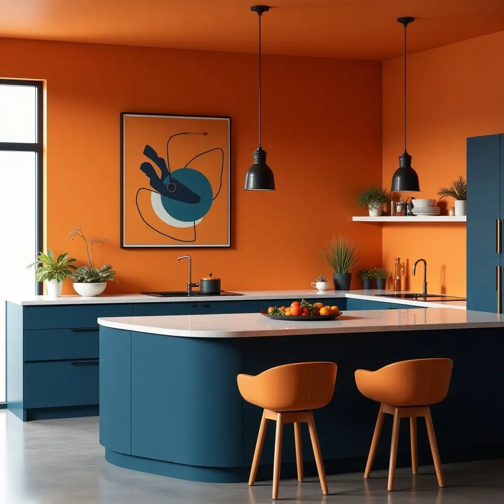 a photo of a lively orange and navy kitchen with modern artwork