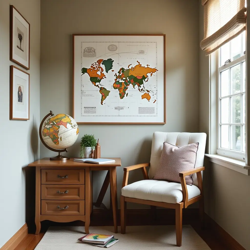 a photo of a study nook featuring a globe and travel decor