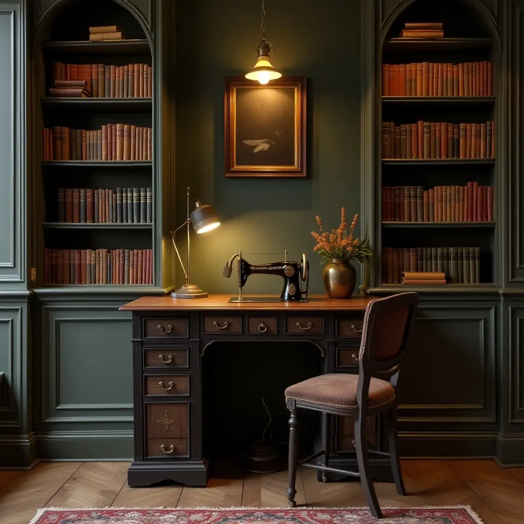 a photo of a stylish library corner with a vintage sewing machine as decor
