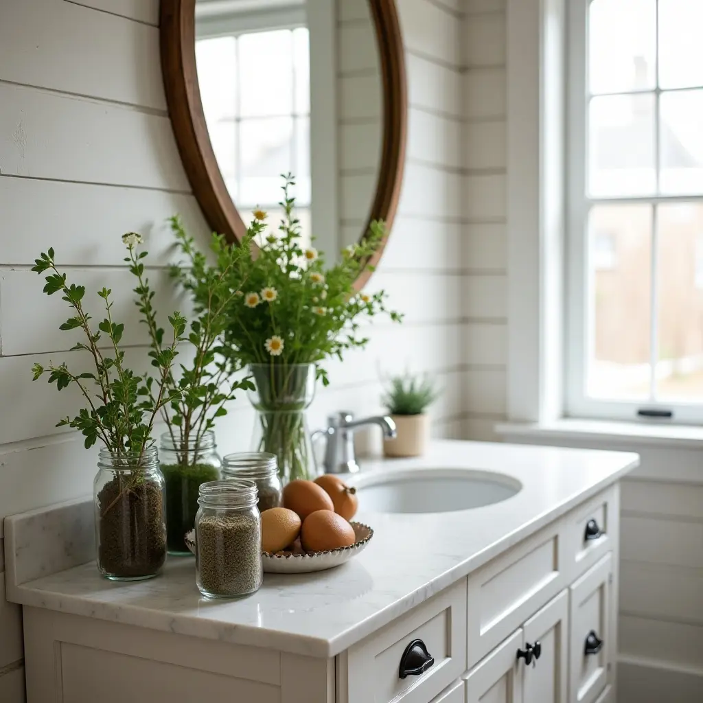 a photo of a farmhouse-style bathroom with herbs in mason jars