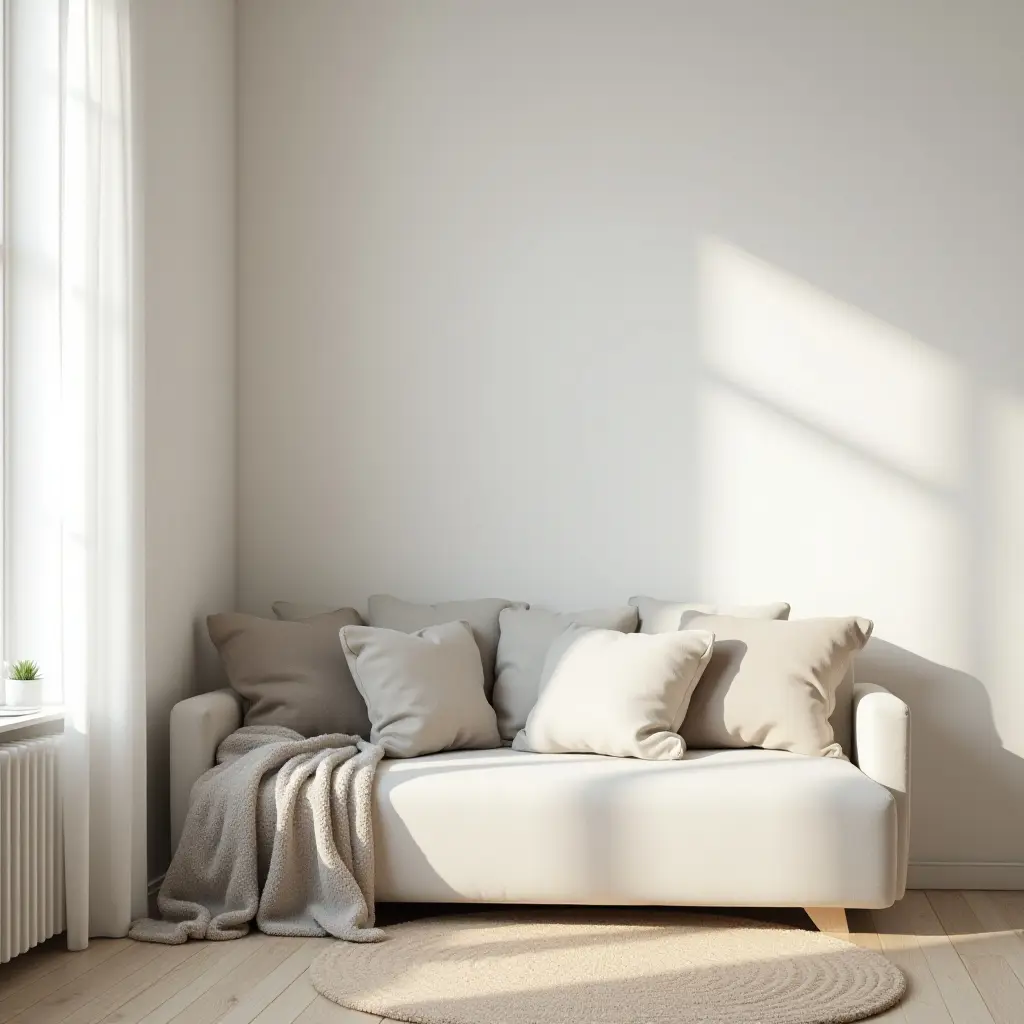 a photo of a serene reading nook in a minimalist living room