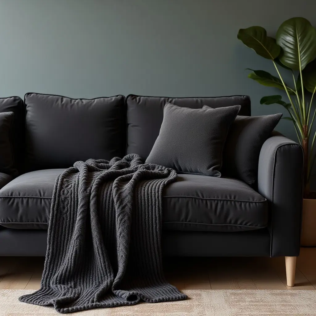 a photo of a dark grey couch with layered textures, including velvet and knit throws