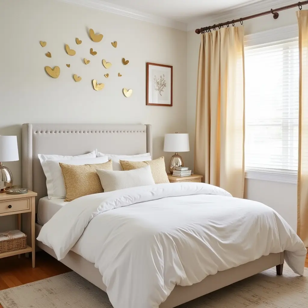 a photo of a kids' bedroom with metallic gold accents on bedding and curtains
