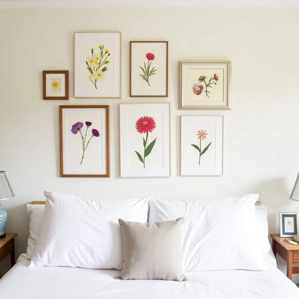 a photo of a floral gallery wall with pressed flowers and colorful botanical prints in a teen's bedroom