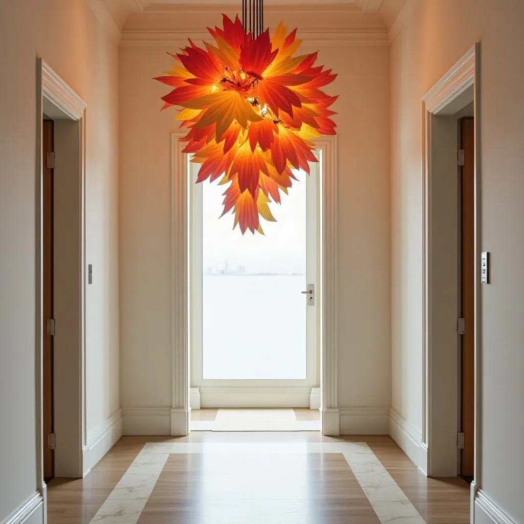 a photo of an entrance hall with a whimsical chandelier made of colorful paper