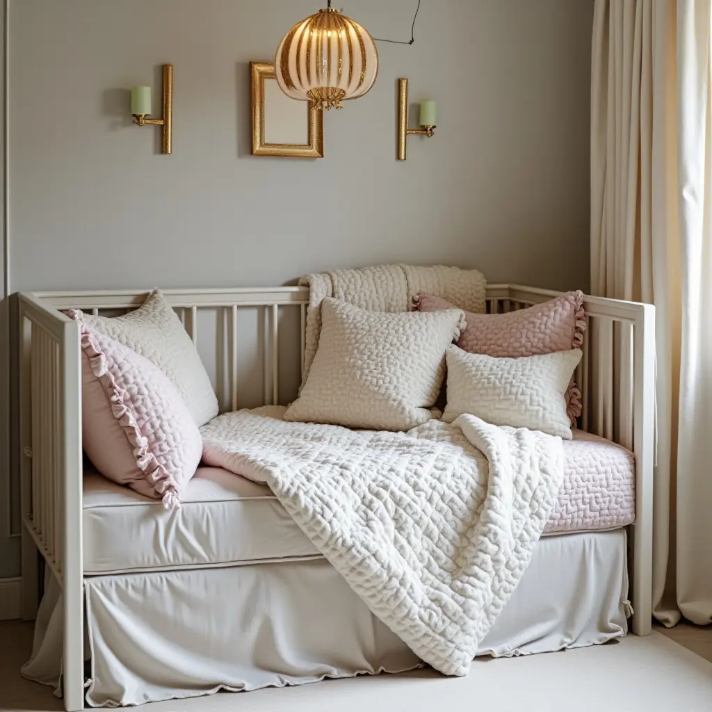 a photo of a stylish crib with luxurious bedding and decorative pillows