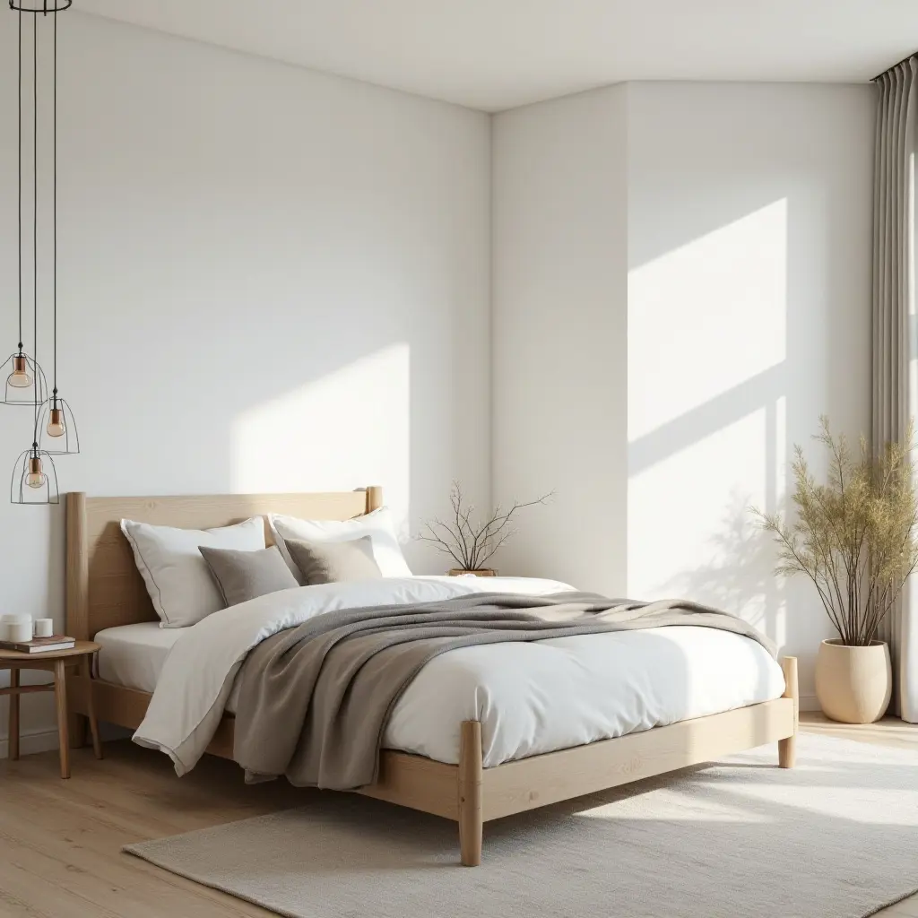 a photo of a minimalist Scandinavian bedroom with geometric patterns and natural materials
