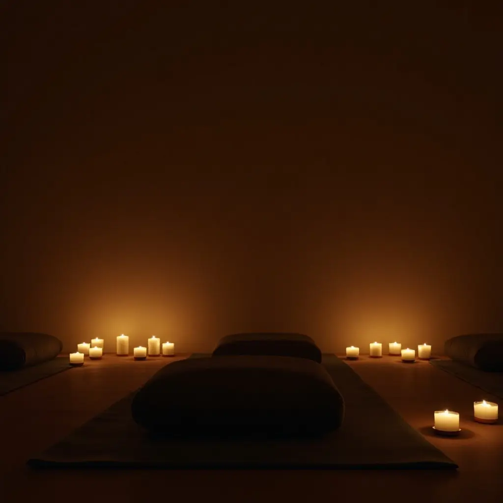 a photo of a meditation space with candles and dark cushions