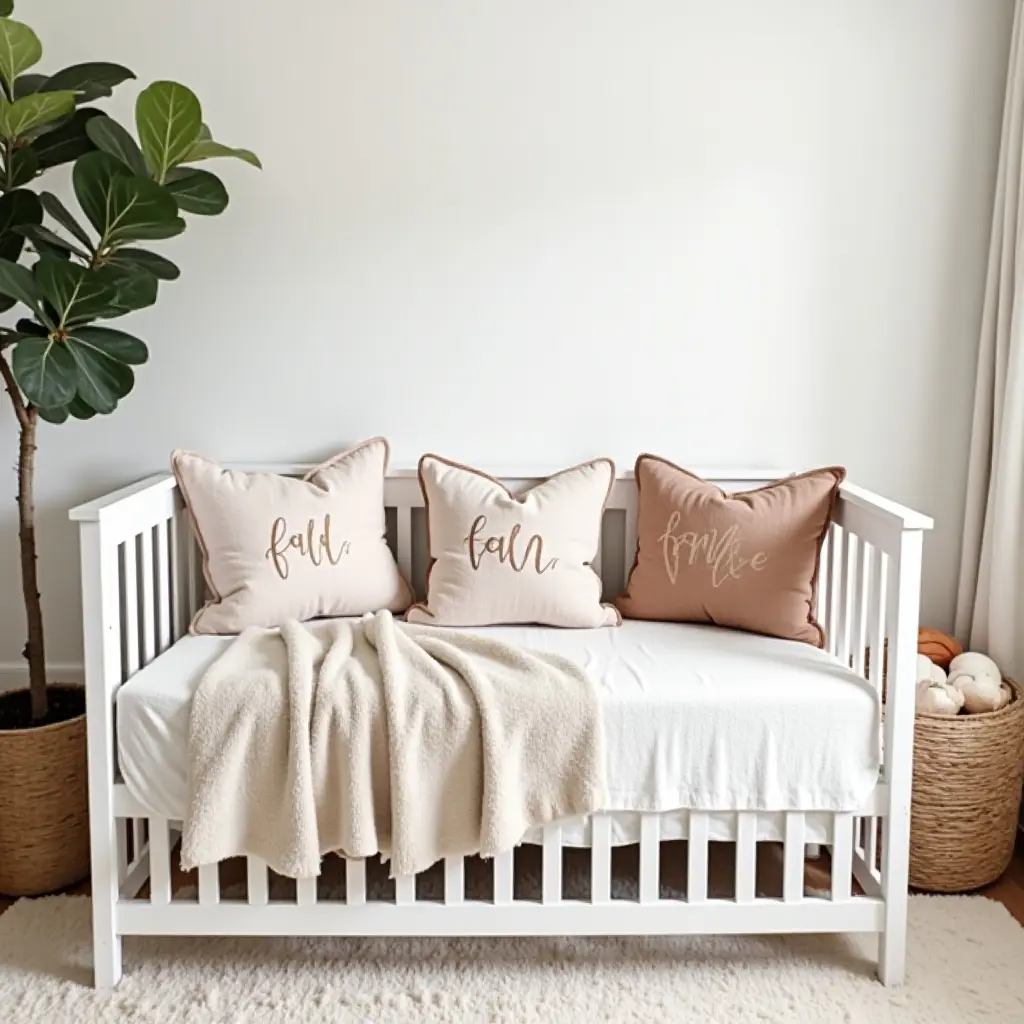 a photo of a nursery decorated with seasonal throw pillows for fall