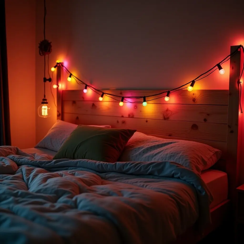a photo of a wooden headboard with colorful string lights in a teen's bedroom