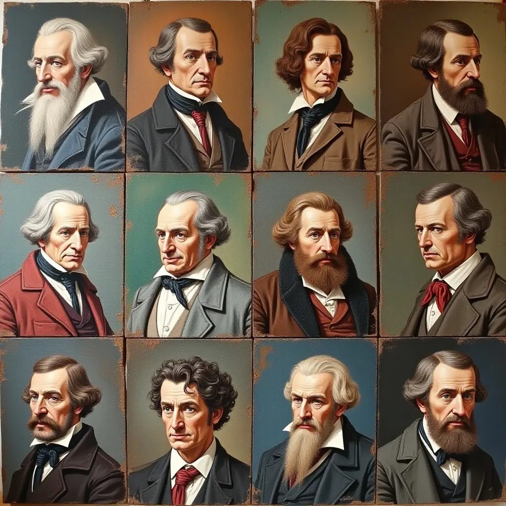 a photo of a collage of famous authors' portraits on a wall