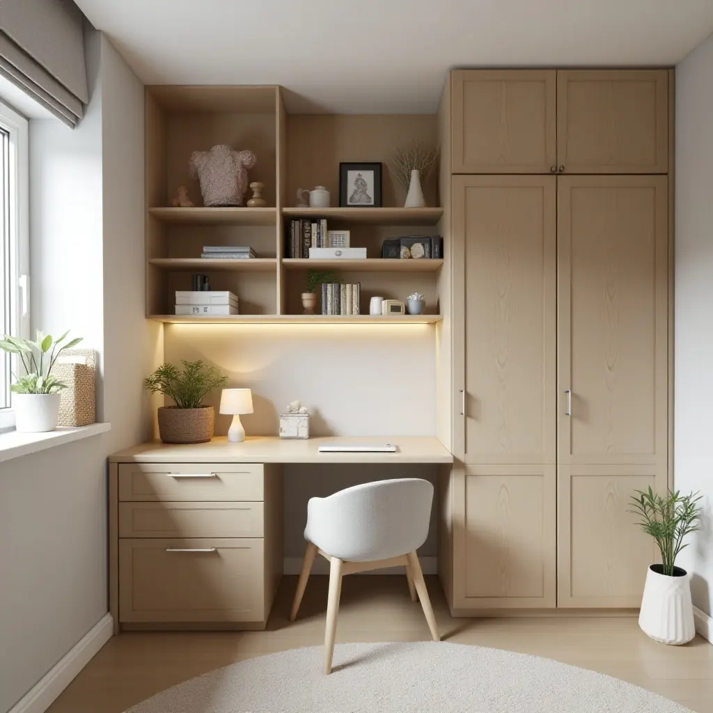 a photo of a practical bedroom with a foldable desk and storage solutions