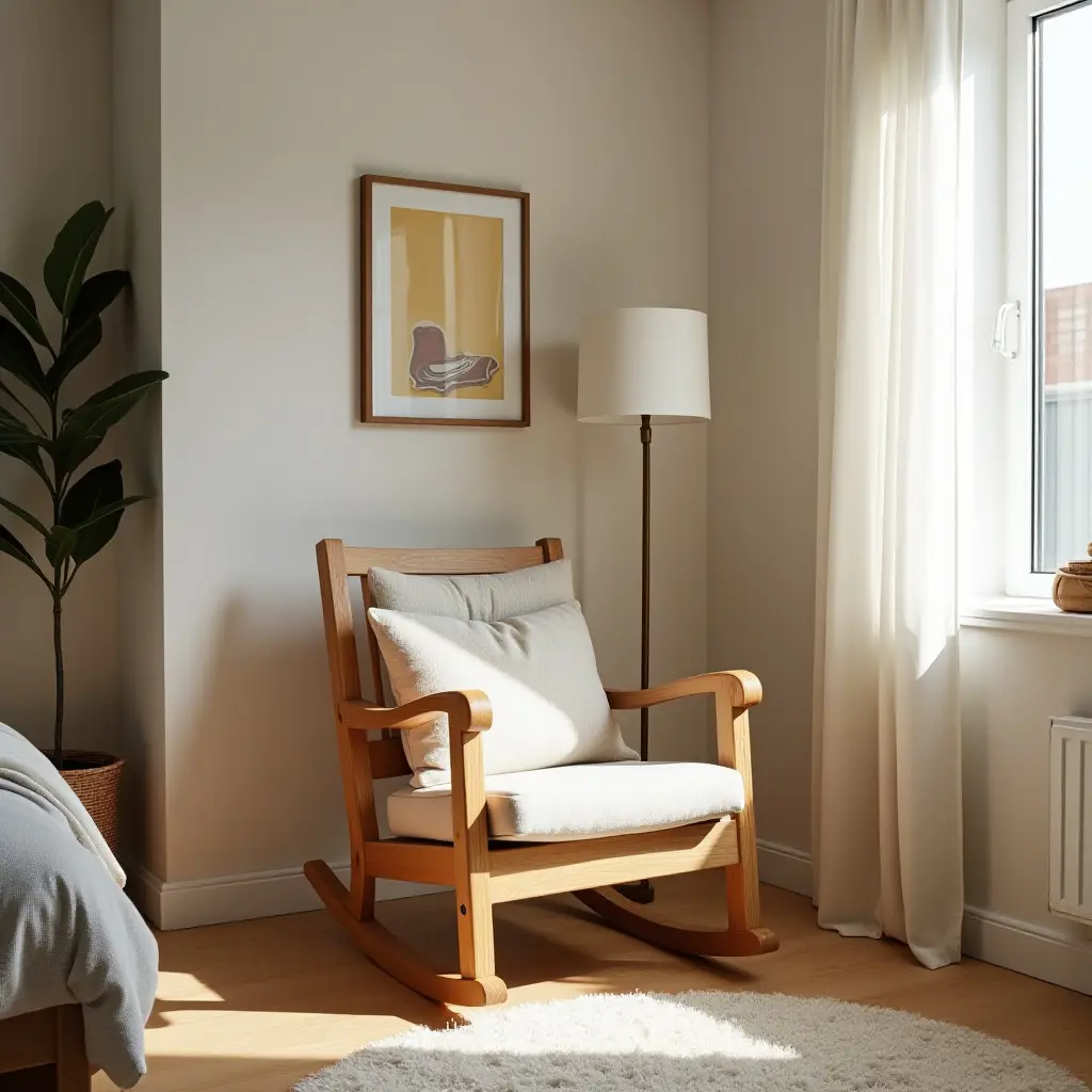 a photo of a wooden rocking chair in a teen's cozy bedroom corner