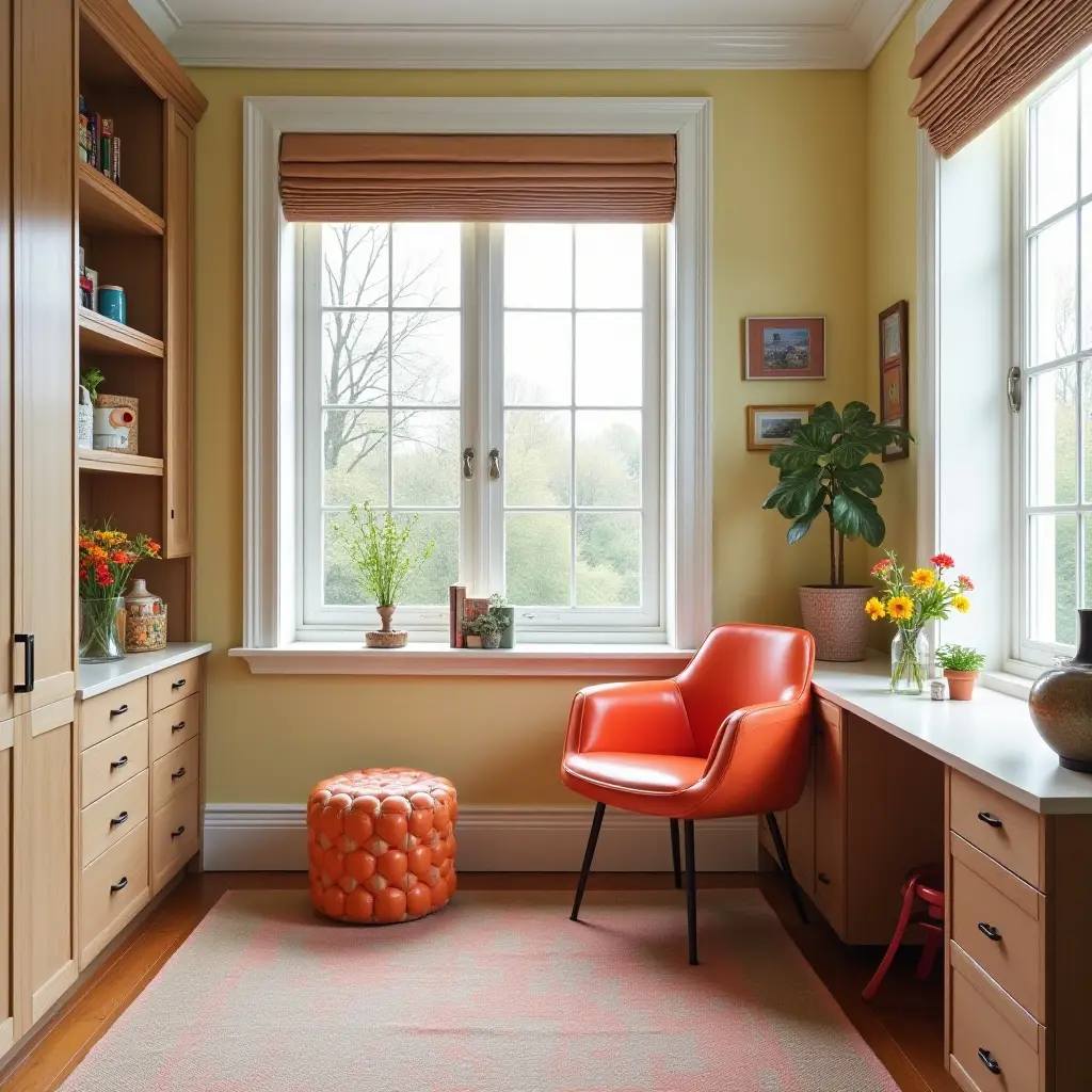 a photo of a bright study nook with fun, colorful accents
