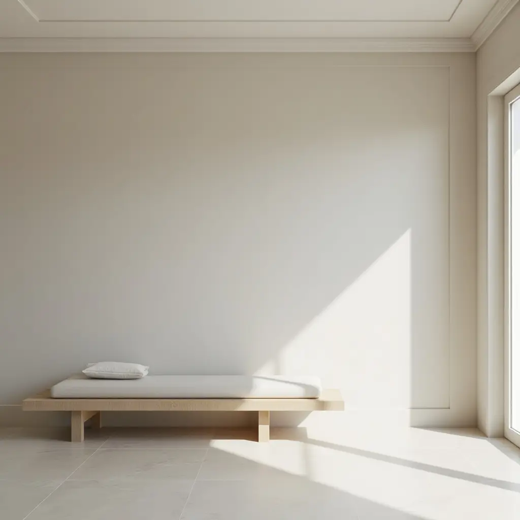 a photo of a minimalist entrance hall with a sleek bench and neutral color palette